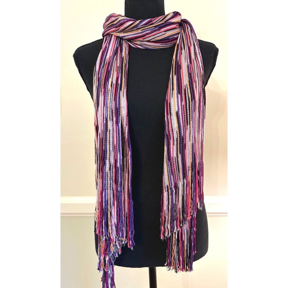 Missoni Brown Label Foulard Space Dye Stripe Fringe Scarf Purple Pink Italy 68"